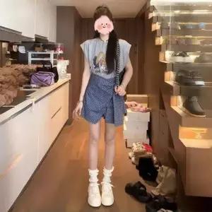 치마 여름 여성용 반팔 톱 스트랩 세트 정장세트 MF1