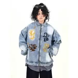 여성용 청 가을 그래피티 자켓 재킷 핸드페인팅 코트 BE3