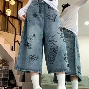 루즈핏 여성 와이드 청바지 스트릿 여성 데님 팬츠 캐주얼 7부