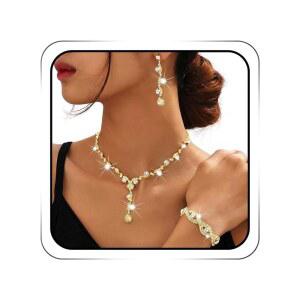 식스엑시 라인스톤 주얼리 세트 스파클리 프롬 목걸이 웨딩 액세서리 (골드)