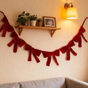 크리스마스 벨벳 보우즈 갈랜드 150cm, 보우가 있는 레드 장식 배너, 나무 벽난로 창문 문 계단 장식을
