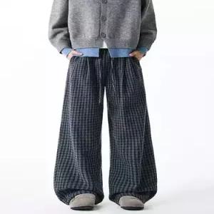 빈티지 캐주얼 팬츠 남성용 면린넨 체크 트렌디 일자 긴 유행1