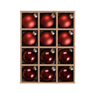 WDS 원더러스 유리 크리스마스 걸이 볼 장식품, 트리 장식용 12개 세트, 반짝이는 매트 딥 레드 장식품
