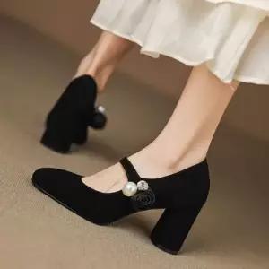 여성용 검정 슈즈 신발 진피 구두 프렌치 스크럽 통굽 단화 양가죽 하이힐 메리제인 미들힐 KS5