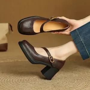 여성용 빈티지 슈즈 신발 윙팁 스틸레토 일자 스트랩 펌프스 라운드 통굽 하이힐 메리제인 진가죽 KS5