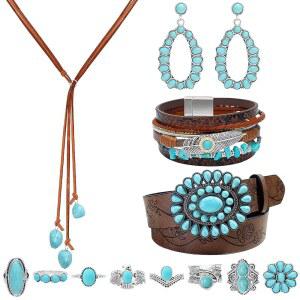 뉴잇 13피스 여성용 가죽 웨스턴 주얼리 세트 보헤미안 코스튬 청록색 목걸이 벨트 팔찌 반지 귀걸이