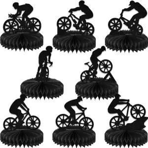 8Pcs 바이크 허니콤 센터피스 생일 테이블 장식 산악 파티 스포츠 테마 바첼로렛 용품 양면 블랙 글리터