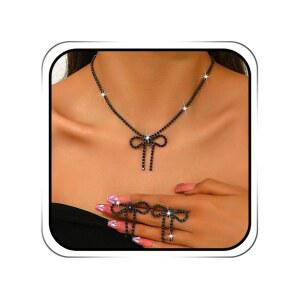 ACEDRE 라인스톤 보우 주얼리 세트 실버 반짝이는 크리스탈 보우노트 펜던트 목걸이 다인티 당글 프롬 귀걸이 여성용