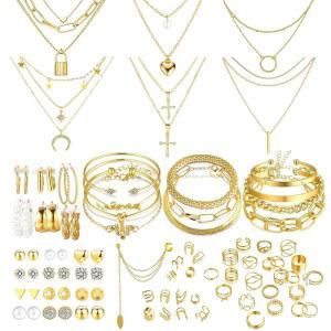 여성용 EIELO 90pcs 골드 주얼리 세트, 목걸이 7개, 팔찌 11개, 후프 귀걸이 12개, 이어 스터드 24개, 커프스 14개, 너클 링 22개 패션 세트