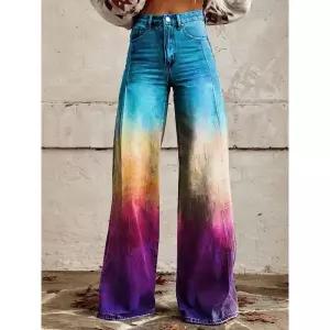 찢어진 와이드 여자통 키작녀 린넨데님팬츠 여성용 그라데이션 컬러 아트 팬츠 레그 편안한 청바지 캐주얼