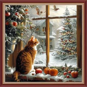 초보자를 위한 팬시비 스탬프 크로스 스티치 키트 프린트 자수 11CT 패턴 바늘 포인트 키트-고양이 눈 덮인