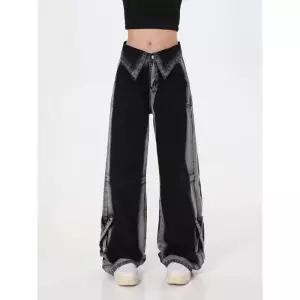 찢어진 와이드 여자통 키작녀 린넨데님팬츠 여성용 블랙 고딕 카고 청바지 Y2k 레그 팬츠 하이 웨이스트 패