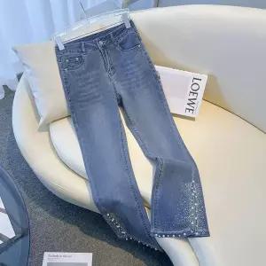 찢어진 와이드 여자통 키작녀 린넨데님팬츠 여성용 하이웨이스트 청바지 벨 하의 럭셔리 라인스톤 비즈 스