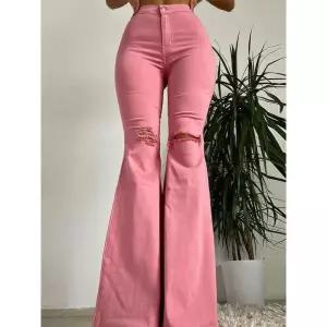 찢어진 와이드 여자통 키작녀 린넨데님팬츠 봄 여름 여성용 청바지 엉덩이 리프팅 날씬한 엣지 플레어 팬츠