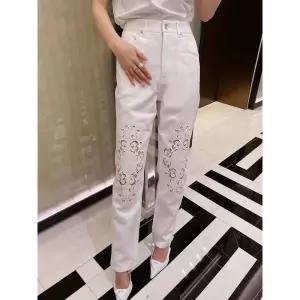 찢어진 와이드 여자통 키작녀 린넨데님팬츠 디자이너의 자수 청바지 캐주얼 블랙 팬츠 여성용 화이트 하이