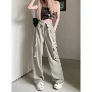 찢어진 와이드 여자통 키작녀 린넨데님팬츠 여성용 캐주얼 카고 팬츠 아메리칸 스타일 하이 웨이스트 슬림
