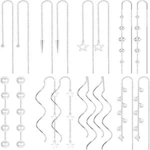 하이소 여성용 8쌍 실타래 댕글 귀걸이 트위스트 더블 롱 드롭 체인 웨이브 스테인리스 태슬 경량 스틸