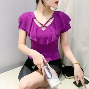 라인댄스상의 시스루 왈츠 댄스복 어깨트임 핑크 티셔츠 모던 반팔 라틴 사