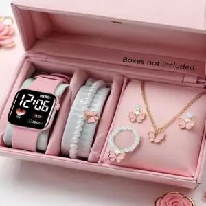 러브 패턴 전자 시계 및 나비 액세서리 세트 생일 선물(상자 포함되지 않음)