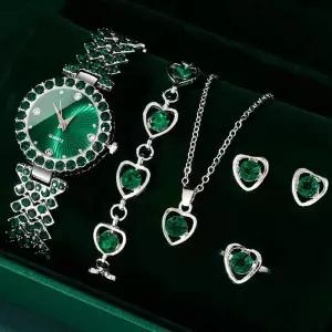 여성용 패션 시계 하트 라인석 반지 목걸이 귀걸이 쥬얼리 세트 럭셔리 원피스 쿼츠 손목시계 심플하고