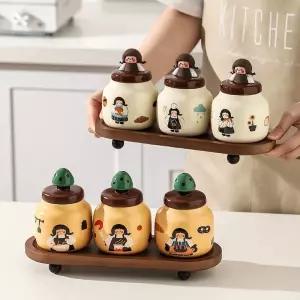 아우얼스룸 귀여운 소녀 도자기 양념통 설탕통 가정용 스푼 소금통 세라믹