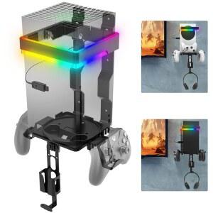 Xbox Series X/S용 Fosmon 월 마운트, RGB 조명, 탈착식 듀얼 컨트롤러 홀더 및 헤드폰 걸이, 시리즈 X용