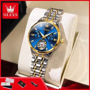 호환상품 OLEVS 6608 문페이즈 여성용 시계 크로노그래프 스켈레톤 자동 기계식 손목시계 방수