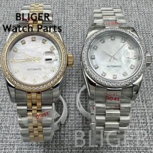 호환상품 BLIGER 여성용 기계식 시계 31mm 다이아몬드 케이스 인덱스 핑크 쉘 다이얼 사파이어 NH05 무브먼