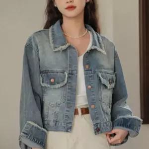 여성 여자 봄 간절기 데일리 빈티지 무드 캐주얼 크롭 데님 청 자켓 블루 포켓 수술장식