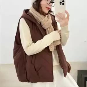 볼사스 여자 면 빈티지 캐주얼 솔리드 다운 따뜻한 카디건 후드 민소매 조끼 ADOR1