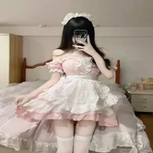 메이드 코스프레 드레스 스냅촬영 오프숄더 핑크 귀여운