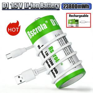 1.5V 23800mWh USB 충전식 D 사이즈 배터리 LR20 셀 리튬 가스레인지 온수기 손전등 라디오용