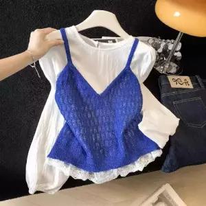 M2 니트 봄 투피스 여자 라운드 프렌치 규레이스 긴팔 얇은 셔츠 레이어드 나시 JEN1