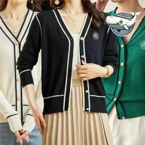 봄가을 스타일 여친룩 캐주얼 골지 니트 배색 검정 여성 사무실 금장단추 여자 브이넥 예쁜