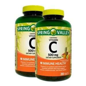 Spring Valley, 비타민 C 500mg, 열대 과일 맛 200정, 츄어블 C, 식이 보충제 + 7일 알약 정리함 포함 (2팩)