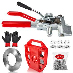 텐셔너 도구가 있는 밴딩 스트랩 키트 - 플라스틱 케이스와 100개의 금속 버클이 3/4인치 x 200FT 304 스테인리스 스틸 바인딩 스트랩, 번들링, 팔레트 및 파이프용 도구