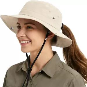 숨겨진 포니테일이 있는 여성용 선햇 와이드 브림 UPF50 방수 버킷 레인햇과 탈부착 가능한 턱 스트랩이