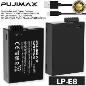 PUJIMAX 2100mAh LP-E8 LP E8 충전식 카메라 배터리 USB-C 입력 캐논 EOS 550D 600D Rebel T2i T5