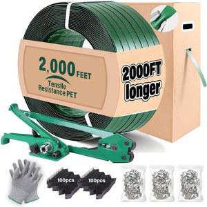 FoundGo PET 밴딩 스트랩 키트 - 고강도 터프 팔레트 포장 도구, 1500lbs 5/8인치 x 2000인치 롤 및 자체 풀아웃 박스 200 코너 프로텍터 450 씰-그린