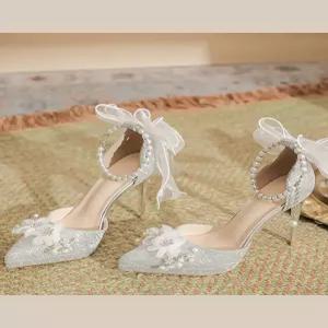 웨딩 결혼식 슈즈 본식 피로연 촬영 진주 리본 큐빅 플라워 스트랩 하이힐 새틴 글리터