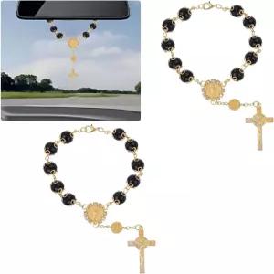 후방 거울용 ZIMISI 2PCS 차량용 묵주 개인 맞춤형 축복 자동차 참 크로스 장식 여성용 걸이 액세서리 블랙