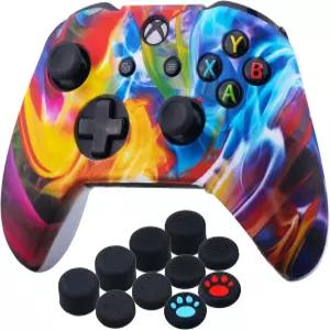 YoRHa 프린팅 고무 실리콘 커버 Xbox One S/X 컨트롤러용 스킨 케이스 x 1(컬러풀 스트림) 엄지 그립 포함