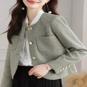 여성 숏트위드자켓 라운드넥 간절기 하객룩 날씬핏 체형커버 노카라 봄가을 아우터 모직 점퍼