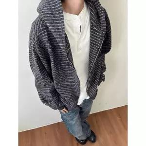 집업 카디건 남성 가디건 살구 스트라이프 후드티셔츠 가을 커플 후드티 admr3