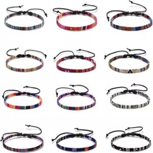 푸키만맨2020 12PCS 컬러풀 에스닉 서퍼 발찌 발목 팔찌 세트 조절 가능한 방수 끈 로프 땋기 수제 비치