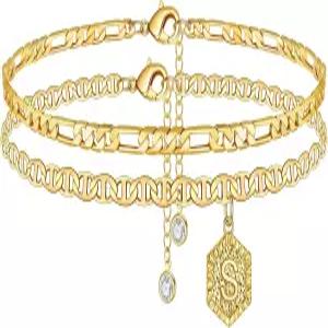 여성용 메모리주 초기 발목 팔찌 14K 골드 도금 이중 레이어 발찌 주얼리