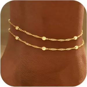 여성용 트레저 벤더 발목 팔찌 - 14K 골드 도금 방수 쿠바 워터 웨이브 체인 비즈 라인스톤 발찌 세트