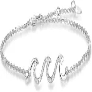 YZSFMZGE 925 스털링 실버 웨이브 팔찌 여성용 14K 화이트 골드 도금 조절 큐빅 지르코니아 비치 오션 발찌