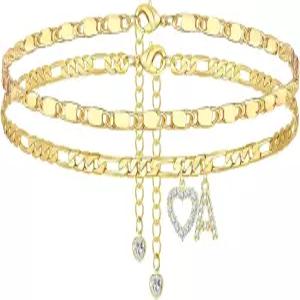 여성용 YOFECIO 발목 팔찌 14 000 골드 도금 초기 발찌 앙증맞은 하트 레터 레이어드 A~Z 여름 비치 주얼리