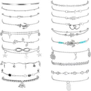 여성용 FASACO 20pcs 발목 팔찌 조절 가능 비치발찌 세트 서퍼 하트 스타 거북이 무한 발 장신구